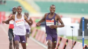 Wilson Chepkwech leading the U20 800m race at the Absa Kip Keino Classic in Nairobi.
