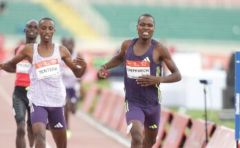 Wilson Chepkwech leading the U20 800m race at the Absa Kip Keino Classic in Nairobi.