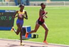 Josephine Sembeyo Mancha and Caren Chepchichir Serem competing in the women’s 1500m final at Nyayo Stadium.