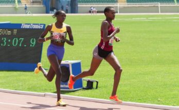 Josephine Sembeyo Mancha and Caren Chepchichir Serem competing in the women’s 1500m final at Nyayo Stadium.