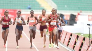 Nancy Jepkosgei Kibet leading the U20 women’s 800m race at the Absa Kip Keino Classic in Nairobi.
