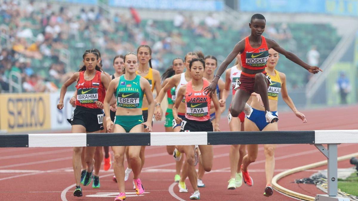 Mercy Chepng'eno Kosgey clears a barrier during the World Athletics U20 steeplechase.