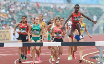 Mercy Chepng'eno Kosgey clears a barrier during the World Athletics U20 steeplechase.