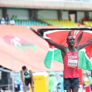Emmanuel Wanyonyi celebrates his 1:43.76 800m victory in Nairobi.
