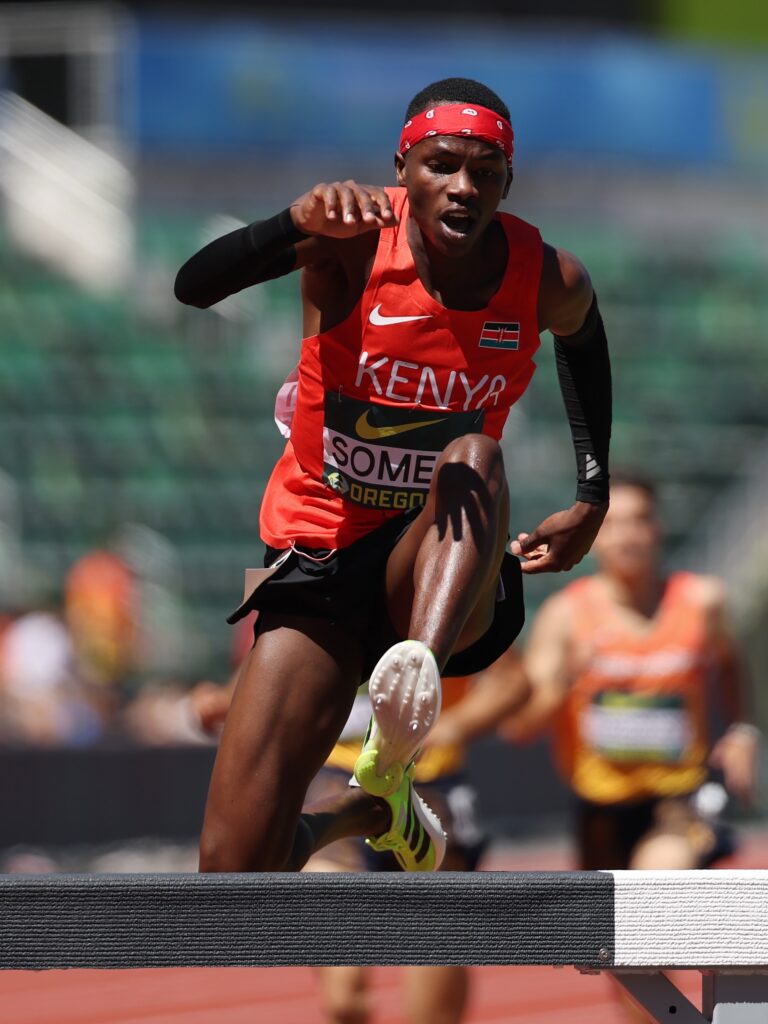 Emmanuel Lemiso Someki of Kenya clears a barrier ahead of Spain’s Marti Torregrossa in the 3000m steeplechase final.