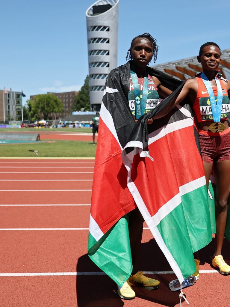 Josephine Sembeyo Mancha and Caren Chepchirchir celebrate 1500m medals