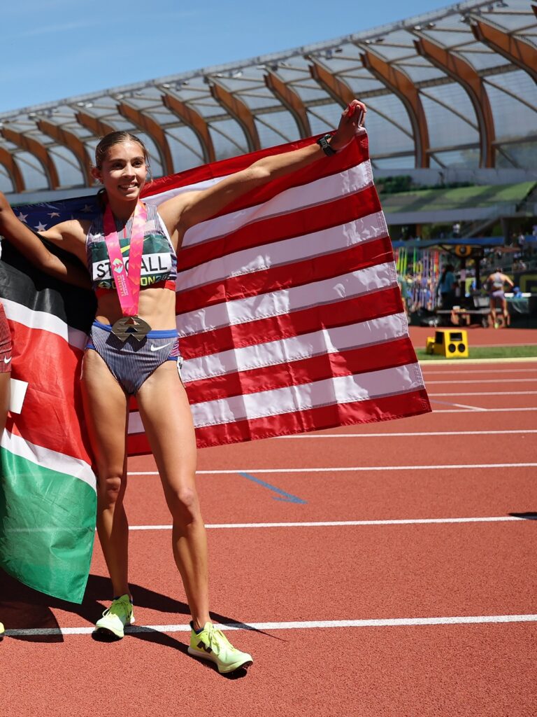 Claire Stegall celebrates after winning silver in 1500m final