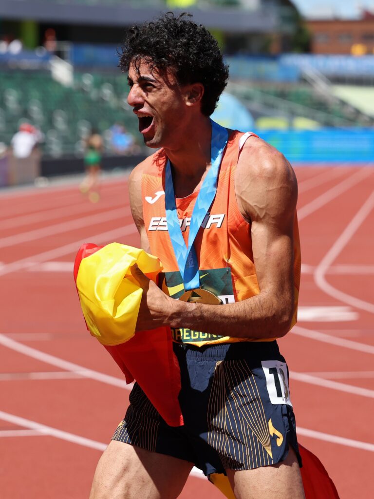 Spain’s Bakr El Asri celebrates after winning the World U20 3000m steeplechase title.
