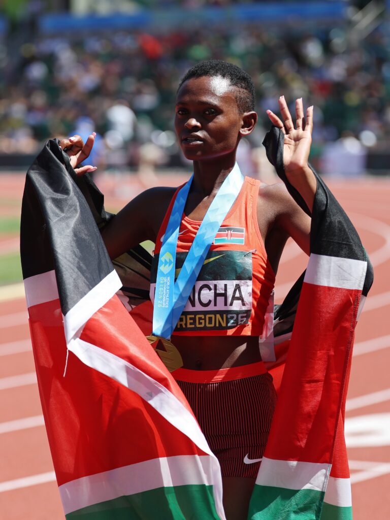 Josephine Sembeyo Mancha celebrates after winning 1500m gold in Eugene