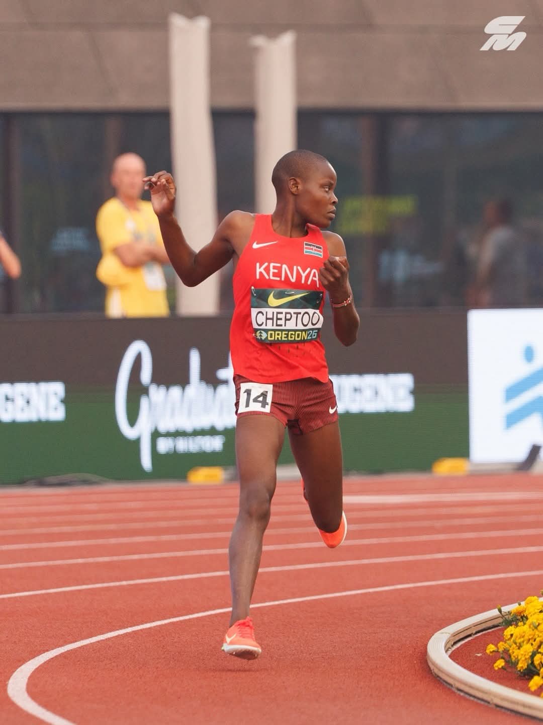 Anastasia Cheptoo turns back after missing the water jump in the U20 steeplechase.