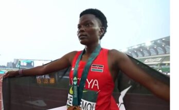 Joyline Chepkemoi celebrates after winning bronze in the women's 5,000m at the World Athletics U20 Championships.